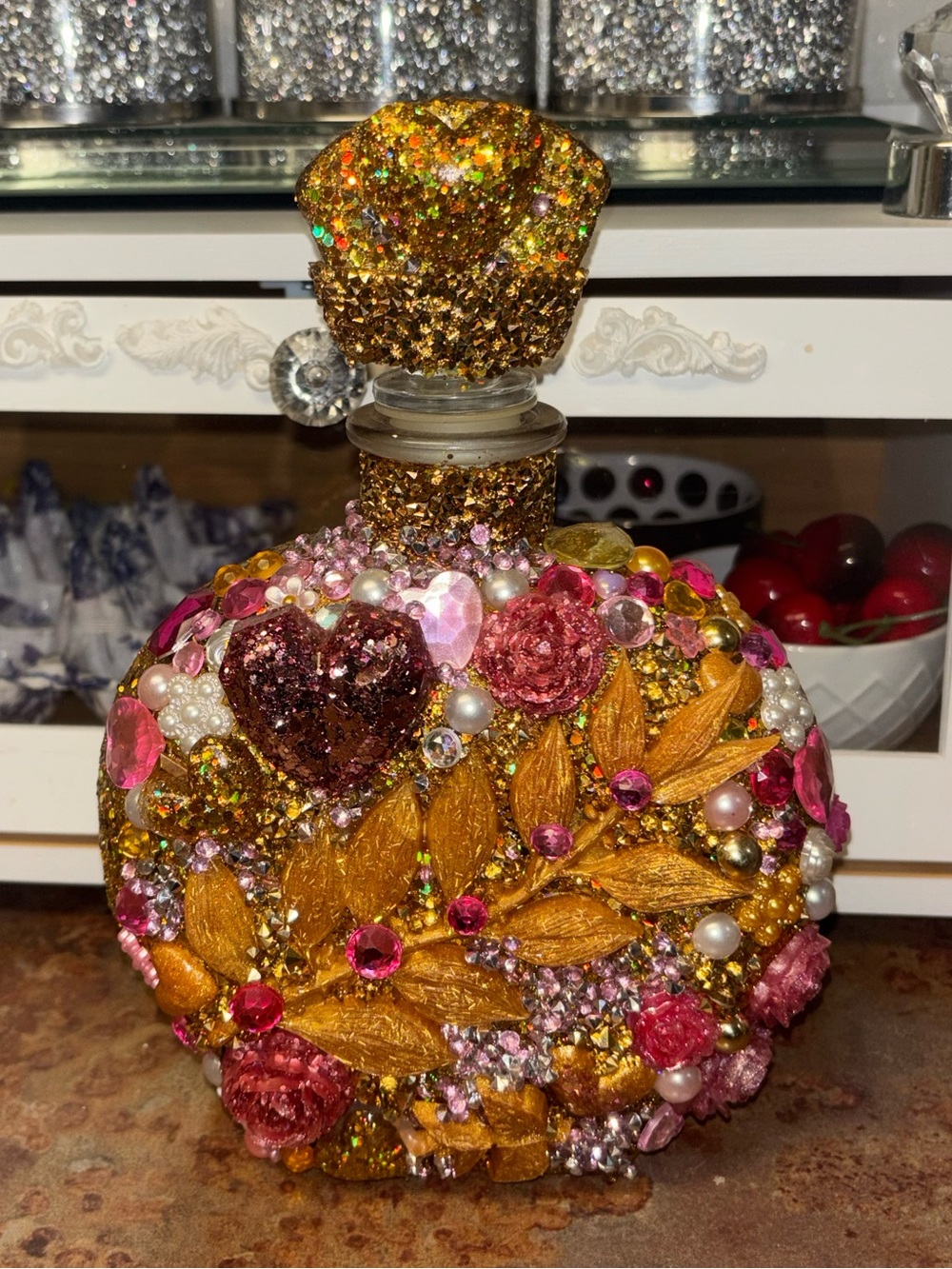 Large 10 inch Decorative Jeweled Perfume Bottle Vase - Gold & Pink